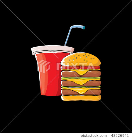vector cartoon tasty burger and cola paper cup with straw isolated on black background. vector cartoon tasty burger and cola paper cup with straw isolated on black background. 42326941