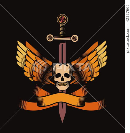 Vintage skull with sword and wings emblem Vintage skull with sword and wings emblem 42327663