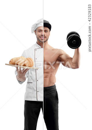 Photo comparison of painter and bodybuilder outfit. 42329183