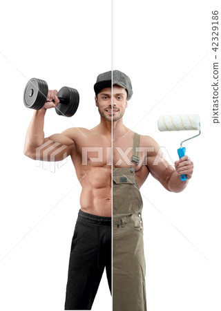 Photo comparison of fitnesstrainer and painter outfit. 42329186