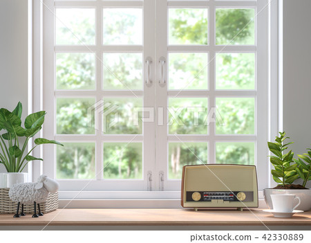Wood shelf located by the window 3d render 42330889