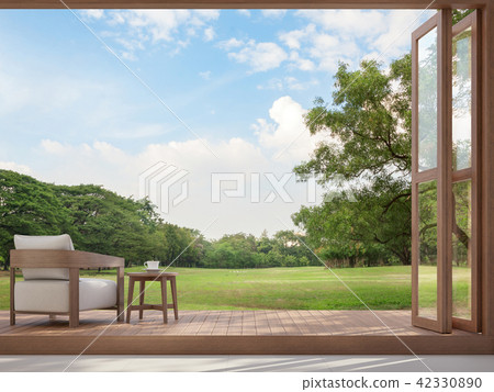 Wood terrace with garden view 3d render 42330890