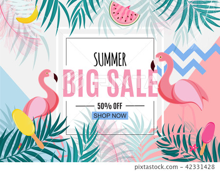 Abstract Summer Sale Background with Palm Leaves and Flamingo. Vector Illustration 42331428