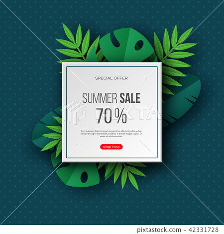 Summer sale banners with exotic jungle tropical palm leaves. Dark turquoise dotted background - Summer sale banners with exotic jungle tropical palm leaves. Dark turquoise dotted background - 42331728