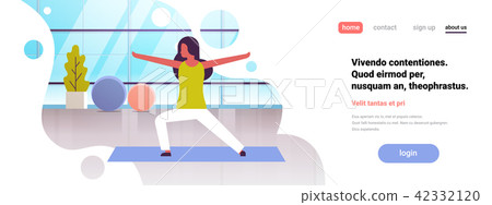 woman doing yoga exercises gym interior female cartoon character fitness activities full length flat 42332120