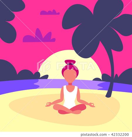 woman doing yoga exercises lotus sunset beach background female sport activity cartoon character 42332200