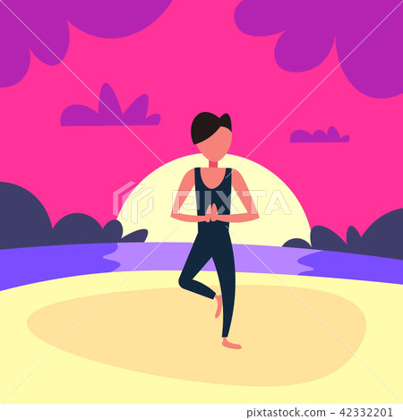 man doing yoga exercises sunset beach background male sport activity cartoon character full length 42332201