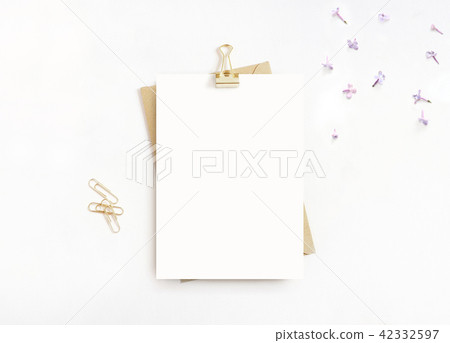 Feminine stationery, desktop mock-up scene. Blank greeting card, craft envelope, golden paper 42332597