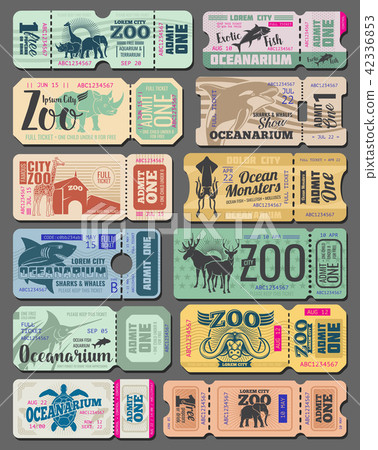 Vector vintage tickets of zoo animals and fish 42336853