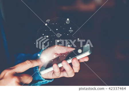 Businessman using mobile online icon social Businessman using mobile online icon social 42337464