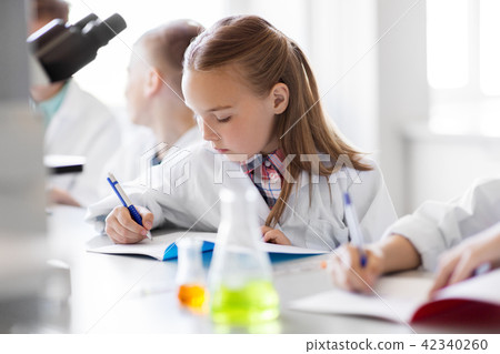 kids studying chemistry at school laboratory 42340260