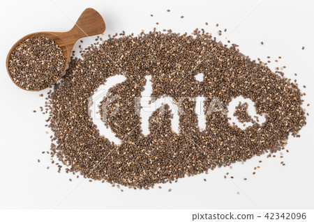 chia seeds in wooden spoon Isolated on white 42342096