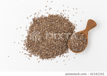 chia seeds in wooden spoon Isolated on white  42342101