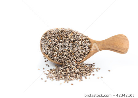 chia seeds in wooden spoon Isolated on white  42342105