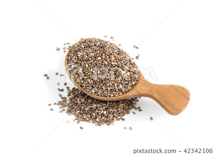 chia seeds in wooden spoon Isolated on white chia seeds in wooden spoon Isolated on white 42342106