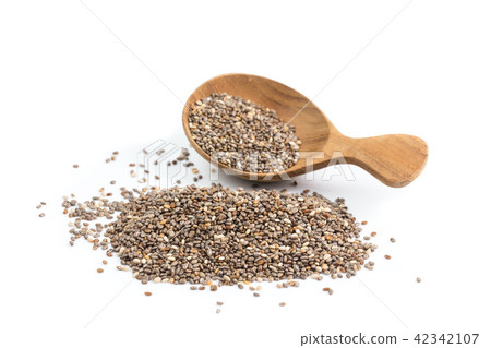 chia seeds in wooden spoon Isolated on white chia seeds in wooden spoon Isolated on white 42342107