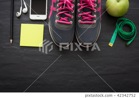 Fitness healthy concept,sneakers,apple water 42342752