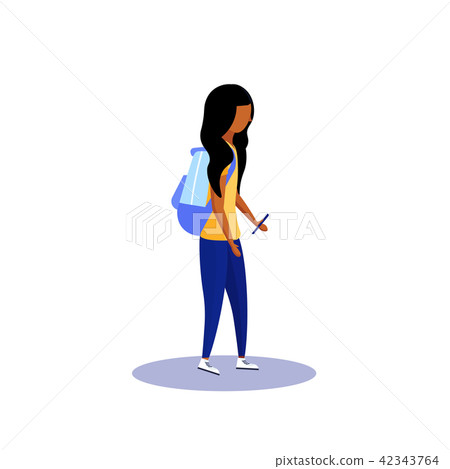 african school girl profile isolated using smartphone female cartoon character full length flat 42343764