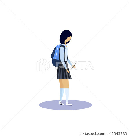 school girl profile isolated using smartphone female cartoon character full length flat 42343783