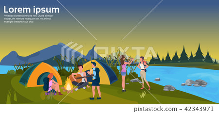 expedition group play guitar activities sunset tent camping fire forest mountain concept flat 42343971