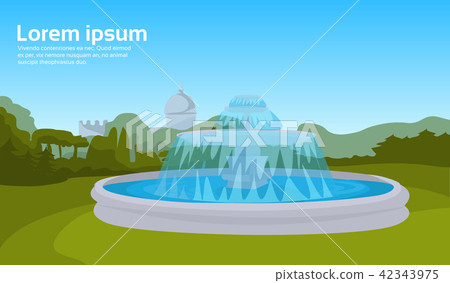 city park fountain green grass trees cityscape background horizontal copy space 42343975