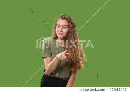 The overbearing business woman point you and want you, half length closeup portrait on green The overbearing business woman point you and want you, half length closeup portrait on green 42345422