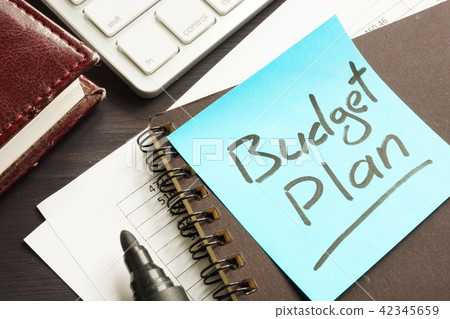 Budget Plan. Documents keyboard and note. 42345659