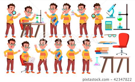 Boy Schoolboy Kid Poses Set Vector. High School Child. Child Pupil. University, Graduate, Class. For 42347822