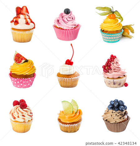 Set of different cupcakes isolated on white Set of different cupcakes isolated on white 42348134