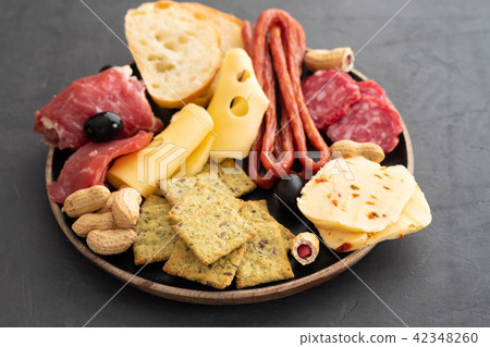Meat and cheese plate.Traditional italian antipasto, cutting board with salami, cold smoked meat Meat and cheese plate.Traditional italian antipasto, cutting board with salami, cold smoked meat 42348260
