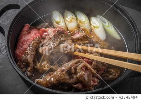 Sukiyaki with Japanese beef Tasty sukiyaki Japanese cuisine Sukiyaki with Japanese beef Tasty sukiyaki Japanese cuisine 42348494