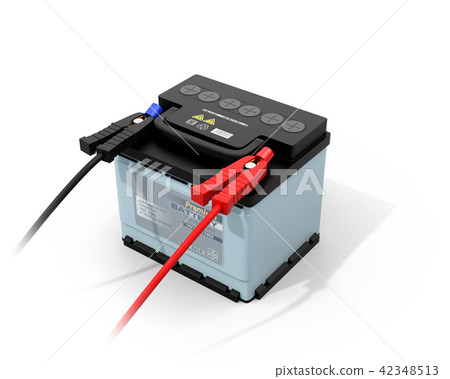 Image of car battery with booster cable connected to white back 42348513