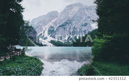 Beautiful view of Lago di Braies or Pragser wildsee, Italy. Beautiful view of Lago di Braies or Pragser wildsee, Italy. 42351312