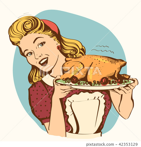 Retro smiling housewife cooks roasted turkey Retro smiling housewife cooks roasted turkey 42353129
