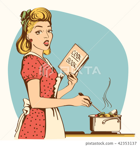 Retro young woman cooking soup in her kitchen 42353137