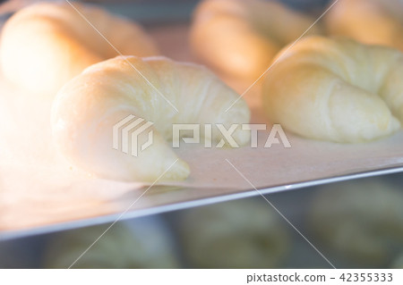 Closeup croissant homemade bakery in the oven Closeup croissant homemade bakery in the oven 42355333