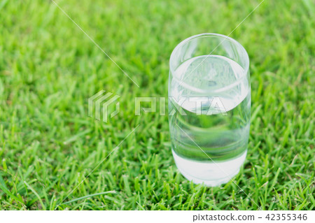 Closeup glass of water on green grass nature  42355346