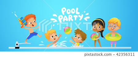 Pool party Invitation template baner. Multiracial Children have fun in pool. Redhead boy with a toy 42356311