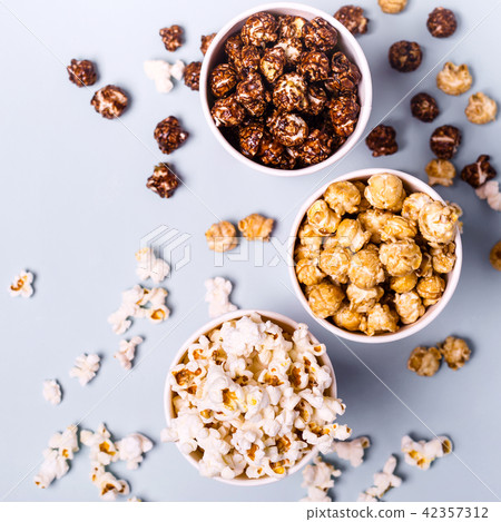 set of sweet and salted popcorn in paper cups set of sweet and salted popcorn in paper cups 42357312