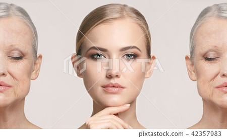 Comparison. Portrait of beautiful woman with problem and clean skin, aging and youth concept, beauty Comparison. Portrait of beautiful woman with problem and clean skin, aging and youth concept, beauty 42357983