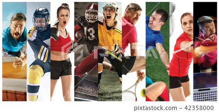 Sport collage about soccer, american football, badminton, tennis, boxing, ice and field hockey Sport collage about soccer, american football, badminton, tennis, boxing, ice and field hockey 42358000