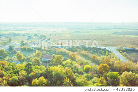 Car driving on road bridge, railway colorful trees Car driving on road bridge, railway colorful trees 42358820