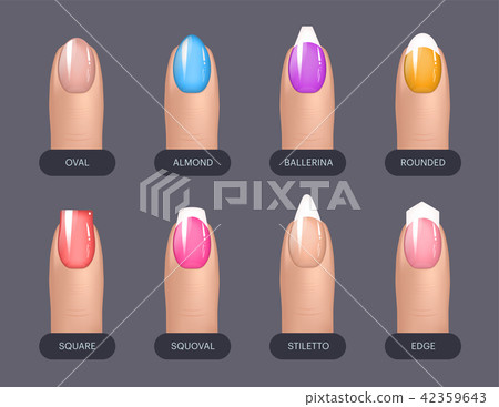 Set of simple realistic colorful manicured nails with different shapes. Vector illustration for your Set of simple realistic colorful manicured nails with different shapes. Vector illustration for your 42359643