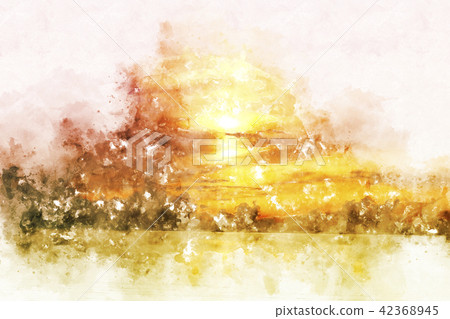 wave sea sunrise watercolor painting background. 42368945