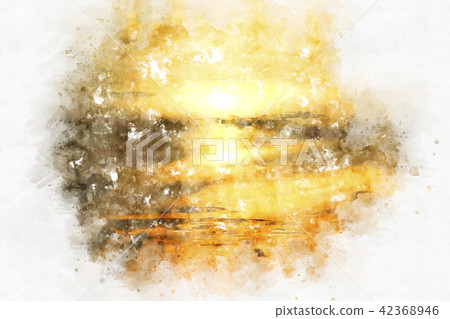 wave sea sunrise watercolor painting background. 42368946