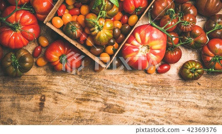 Flat -lay of fresh colorful tomatoes over wooden background Flat -lay of fresh colorful tomatoes over wooden background 42369376