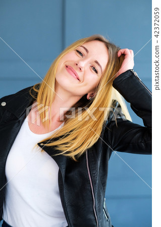 happy smiling joyful cheerful woman leather jacket happy smiling joyful cheerful woman leather jacket 42372059