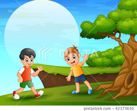 图库插图: cartoon two boy playing near the cliff