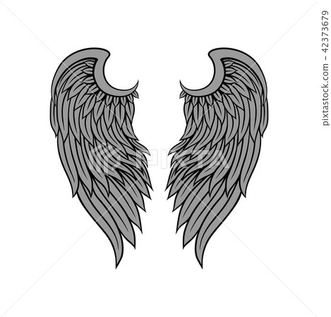 Vector icon of gorgeous bird or angel wings with gray feathers and black contour. Tattoo artwork 42373679