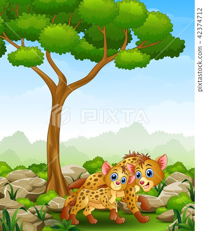 Cartoon adult hyena and cub hyena in the jungle 42374712